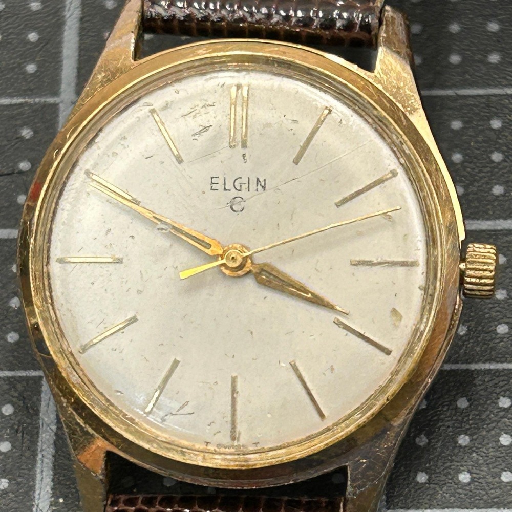 Vintage Elgin Manual Wind‎ Watch Gold Tone Base Metal Bezel Brown Leather Tested